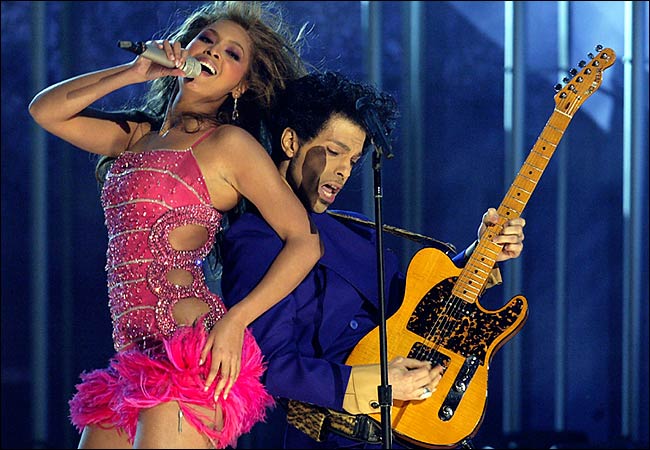 The R&B star Beyonc� opened Grammy Awards with Prince and picked up six awards for music from her first solo album, Dangerously in Love, February 8, 2004.